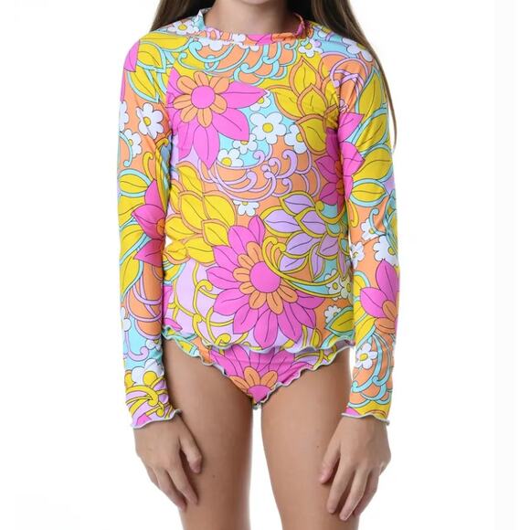 Hobie Like New Woodstock Floral Two Piece Rashguard Swimsuit Girls 8 Designer - Picture 1 of 16